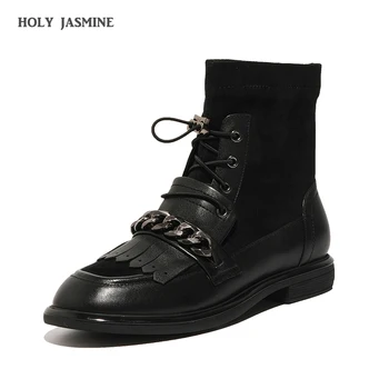 

HOT Genuine Leather Stretch Boots Square Heel Ankle Boots for Women Spring/Autumn Zip Women Shoes Low (1cm-3cm) Rubber