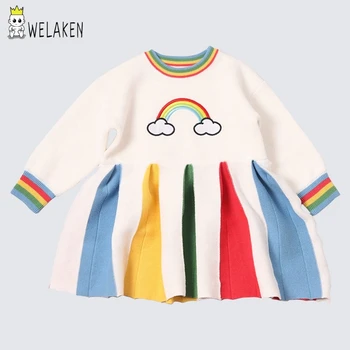 

Welaken New Rainbow Knitting Long Sleeve Fall Outfit Long Sleeve Baby Girl Dress Baby Girl Clothes Winter Kids Dresses For Girls