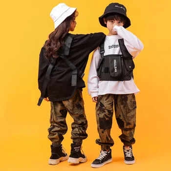 

Kids Fashion Sweatshirt Tops Camouflage Casual Hip Hop Pants Clothing Military Tactical Vest Bag for Girl Boy Jazz Dance Clothes