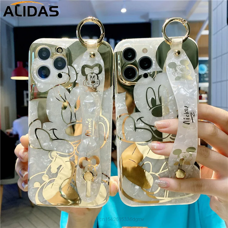 Disney Mickey Minnie Mouse 12promax Cartoon Gold Wristband Cell Phone Case For iPhone 11 12 Pro Max X XS XR SE 7 8 Plus Covers | Мобильные