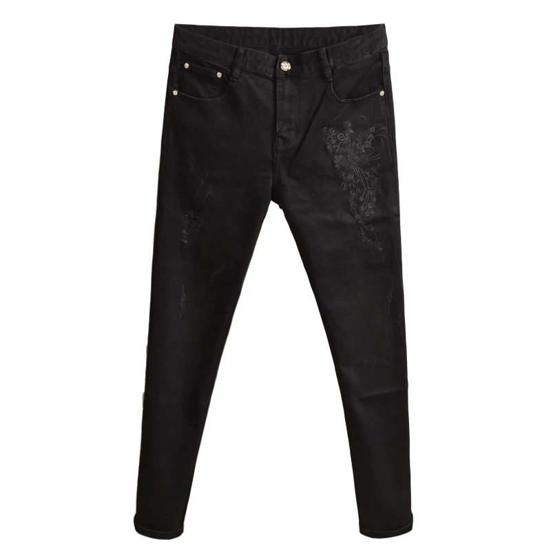Jeans Peacock Embroidery Distressed Black Denim Men Fashion Stretch Straight Slim Fit Pants