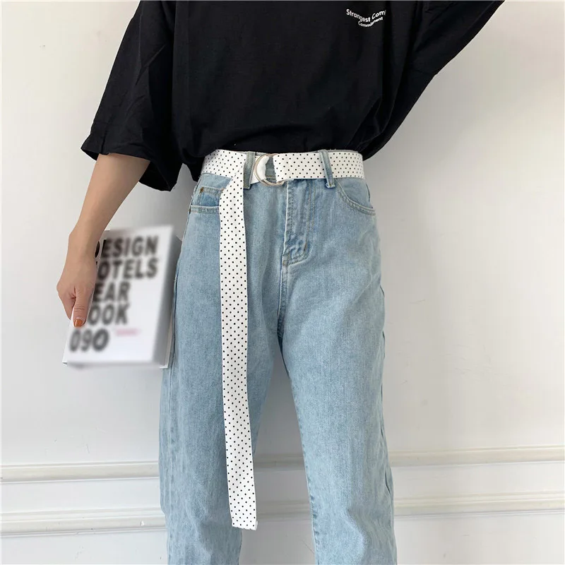 Повседневный тканевый ремень в белый горошек Harajuku для мужчин и женщин, модные джинсовые поясные ремни с d-образным кольцом и пряжкой, белый черный пояс длиной 130 см Z30