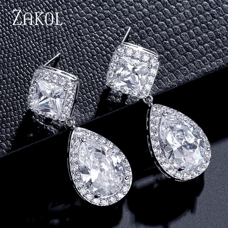 

ZAKOL New Design Fashion Square Teardrop Clear Drop Earrings Copper Cubic Zirconia For Women Girl Party Work Tourism FSEP2162