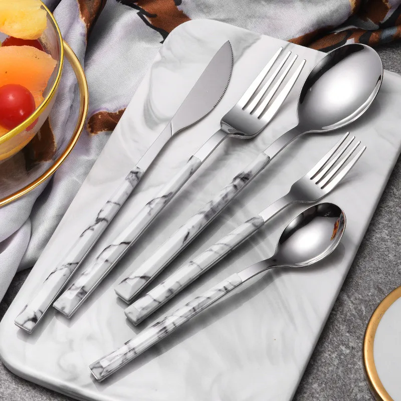 

5-Piece Set Marbled Stainless Steel Utensils Flatware Set(Knife Fork Spoon) for Dinner Dessert Salad Home Kitchen Restaurant