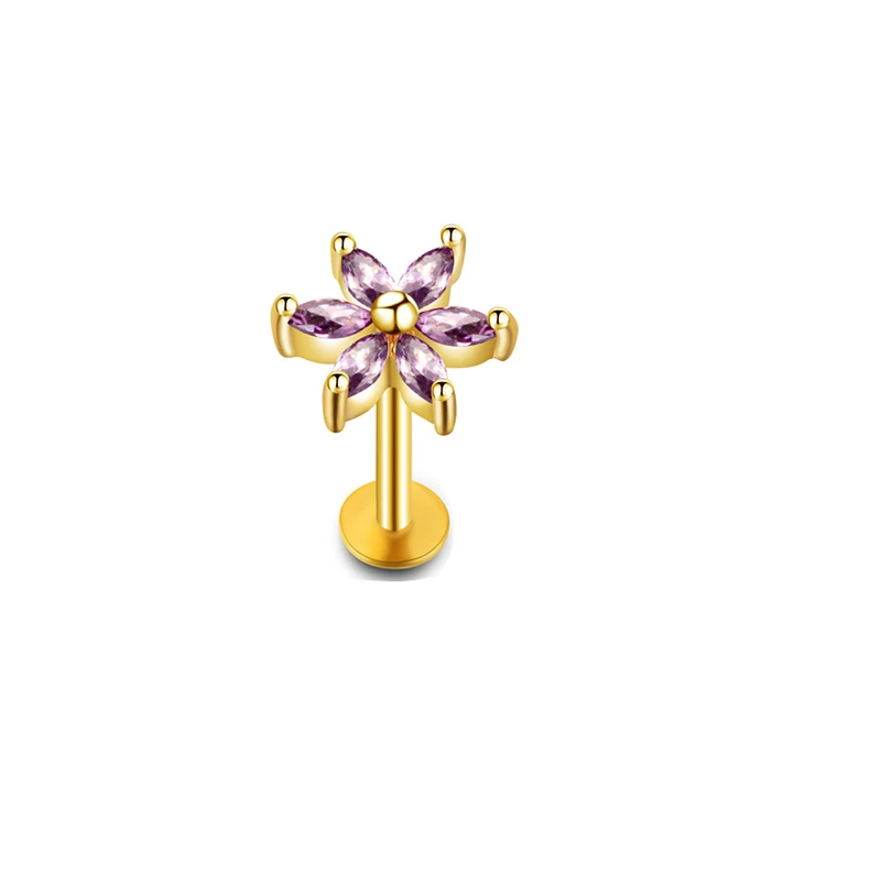 Gold Purple 1 шт. 1,2x8 мм Бар ромашка цветок губная серьга кольца шпильки пирсинг 16 г Спиральные серьги губы серьги плоский нос кольцо пирсинг для ушного козелка - Окраска металла: Gold Purple