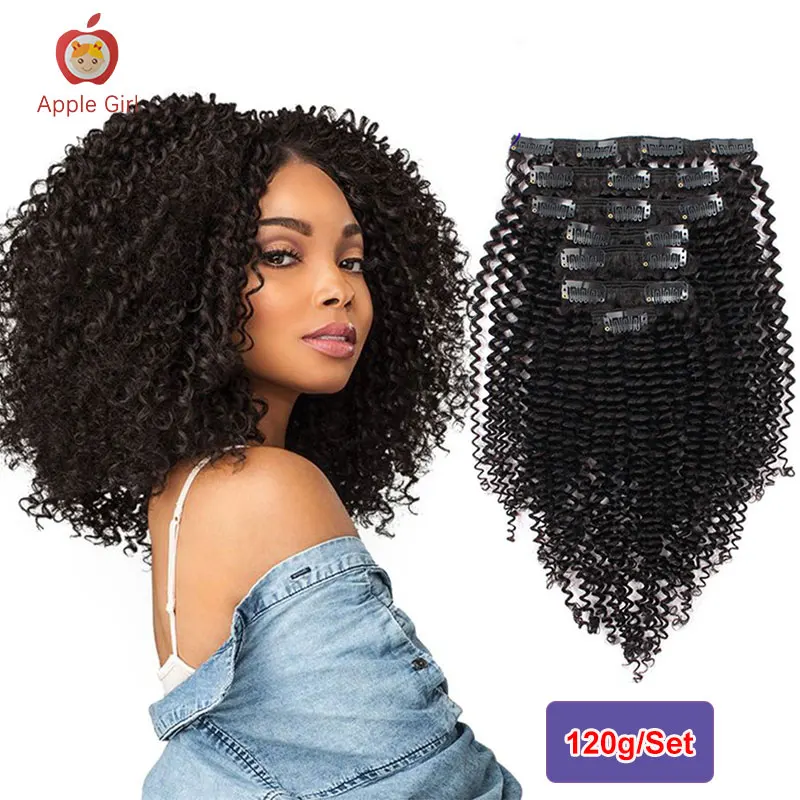 Human Hair Clip In Afro Kinky Curly Extensions 3C 4A Applegirl Brazilian Remy Clip-In Weave Full Head 8PCS 120g/Set | Шиньоны и парики
