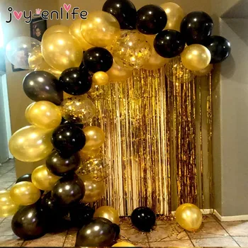 

115pcs Black Gold confetti Balloons Garland Arch with Metal Curtains Backdrop 2021 Happy New Year decorations Birthday Party