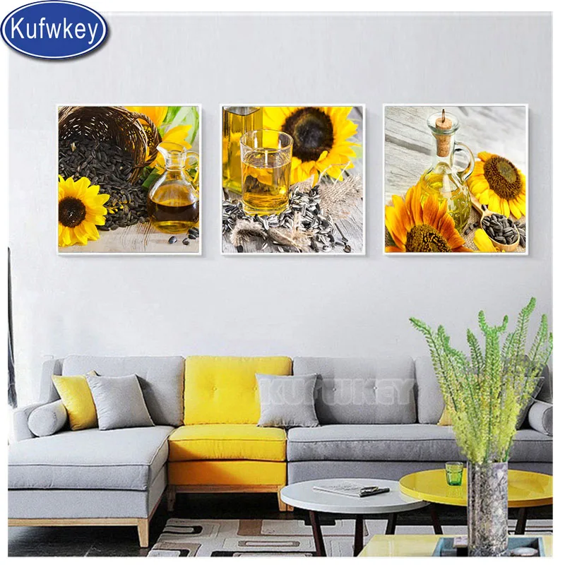 Triptych sunflowers diamond embroidery 3 Piece diy handcraft painting full square mosaic still life kitchen art | Дом и сад