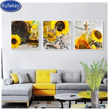 

Triptych sunflowers diamond embroidery 3 Piece diy handcraft diamond painting full square mosaic still life kitchen art,