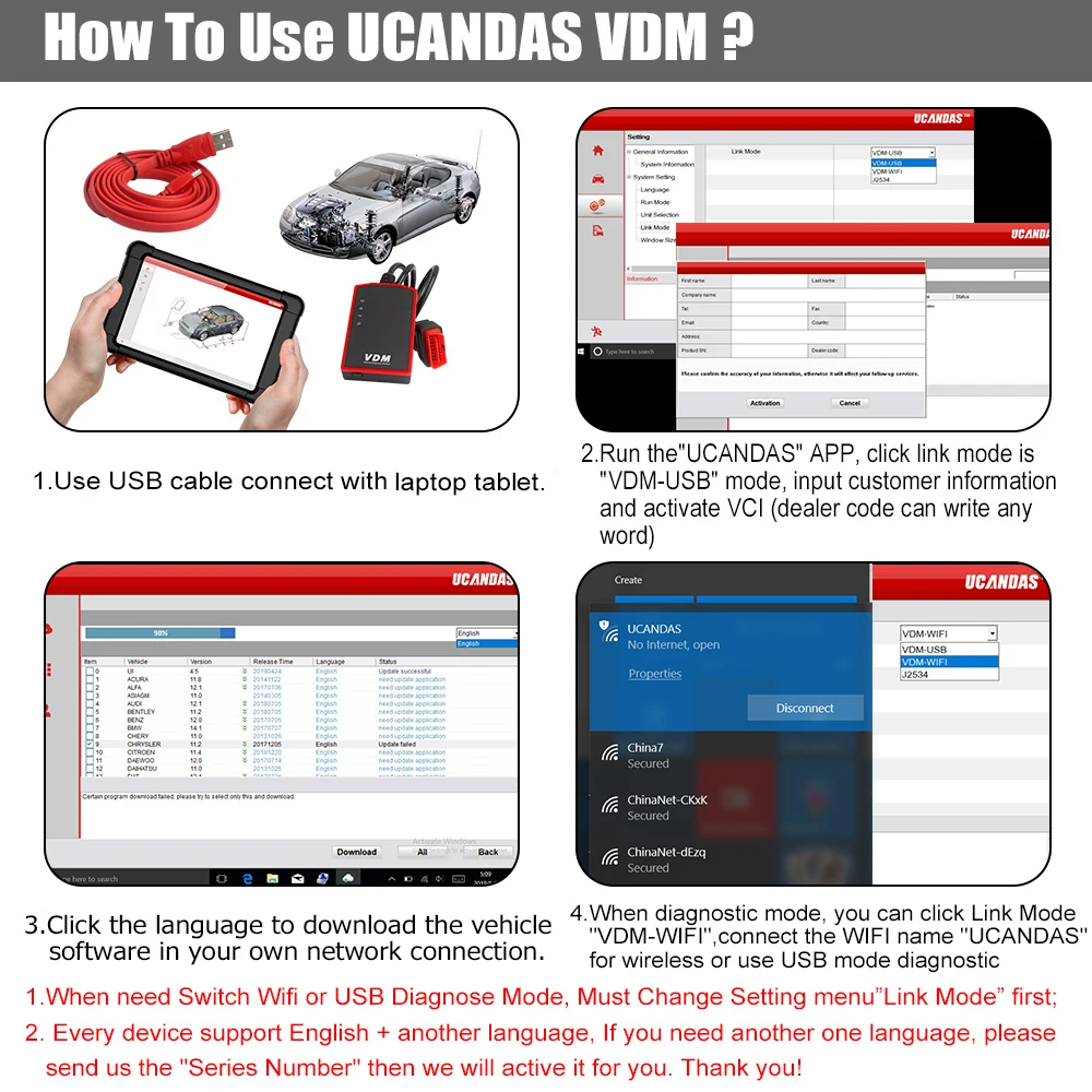 UCANDAS VDM OBD2 считыватель кодов полная система беспроводные диагностические инструменты для поддержки автомобиля Wins Andriod V5.2 Пожизненное бесплатное обновление онлайн