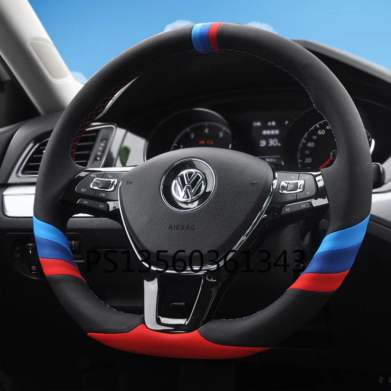 

For Volkswagen VW Magotan T-Cross Golf Sagitar Tayron Tiguan Bora T-ROC Jetta Passat Hand-sewn leather steering wheel cover