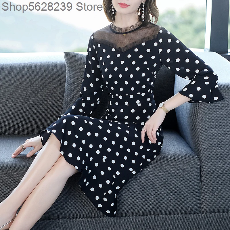 

Wave Point Dress He Ben Wind Foreign Style Pack 2020 Female Li Collar Mesh Splicing Lotus Leaf Edge Skirt