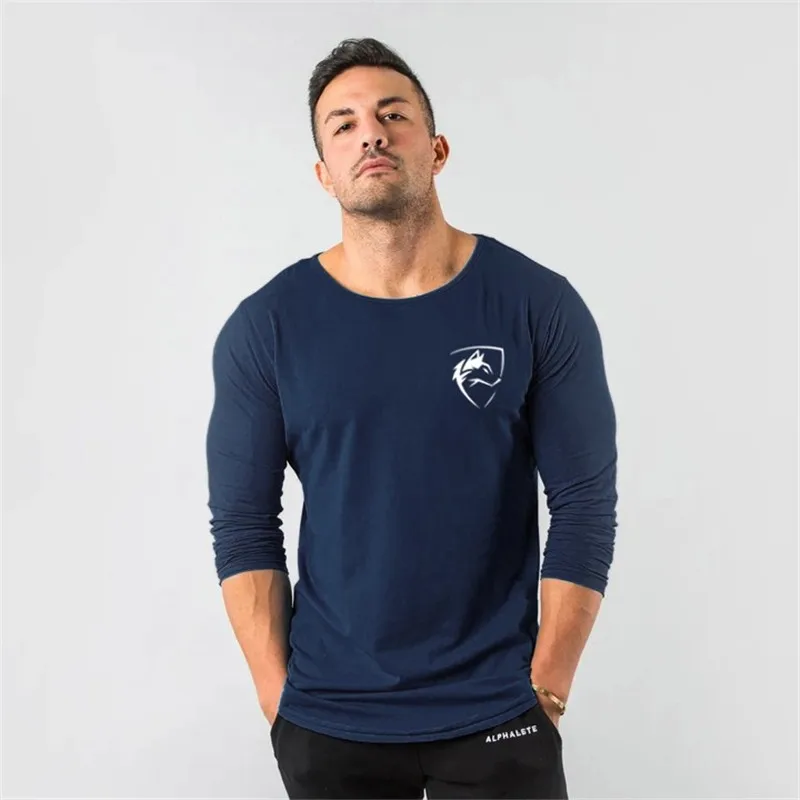 ALPHALETE Осенняя Новинка, мужская спортивная футболка с длинным рукавом и круглым вырезом, брендовая мужская футболка, Модная хлопковая Мужская обтягивающая одежда для фитнеса - Цвет: Тёмно-синий