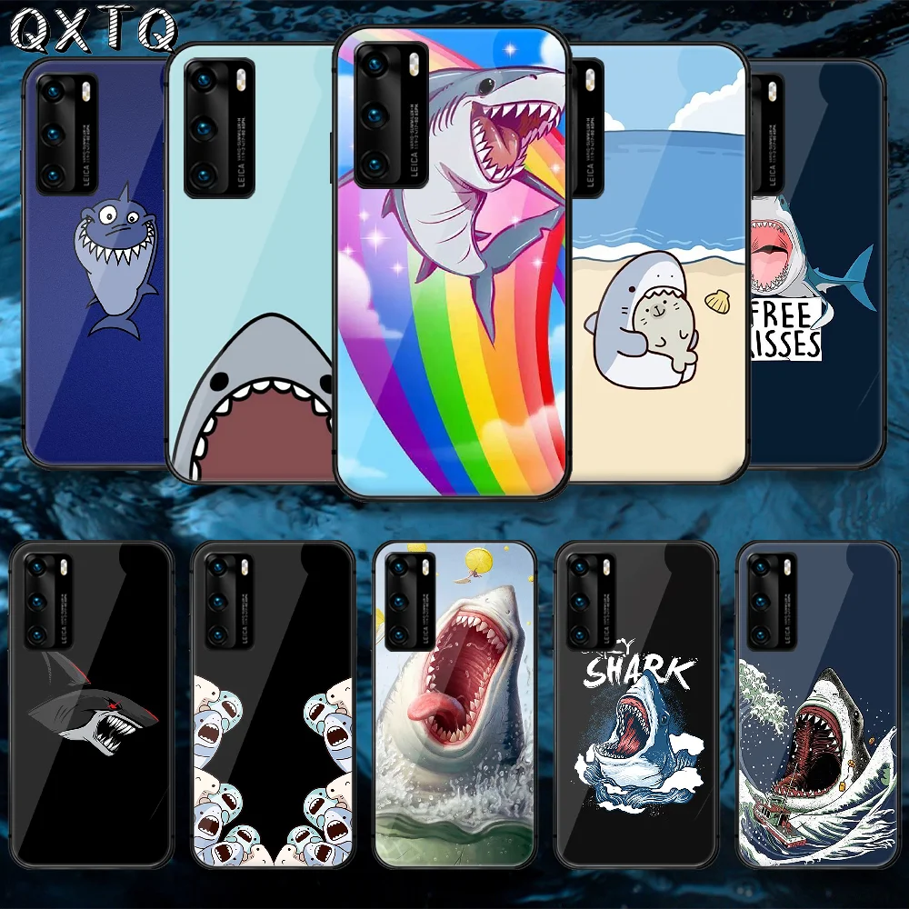 QXTQ Cute Cartoon Shark Tempered Glass Phone Case Cover For Huawei Honor Mate P 8 9 10 20 30 40 A X I Pro Lite Smart 2021 Coque | Мобильные