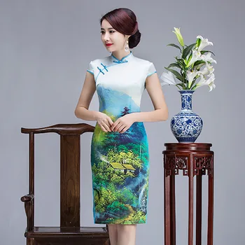 

Vintage Print Flower 100% Real Silk Chinese Party Dress Sexy Women Oversize 3XL Slim Qipao Classic Short Cheongsam Vestidos