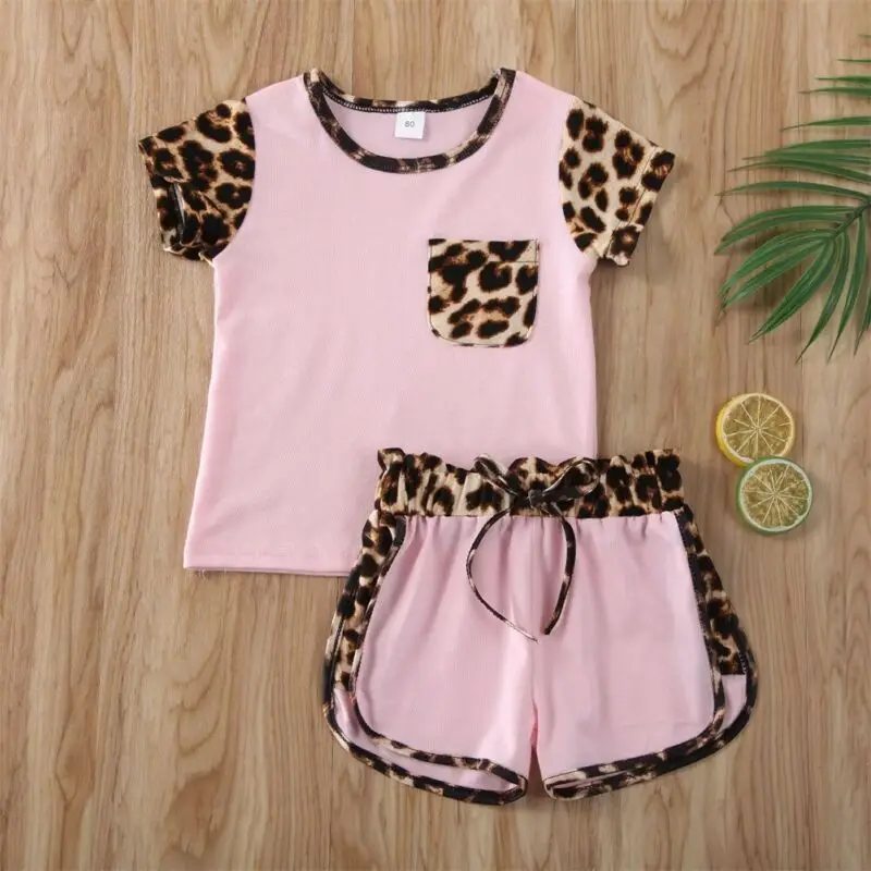 Baby Summer Clothing 1-6Y Toddler Kid Baby Girl Short Sleeve Leopard Tops Shirt Short Pants Outfit Clothes Set 2PCS kids clothing set,girls clothing set,boys clothing set