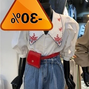 

Sweet Puff Neploe Half Sleeve Women Shirt Korean Floral Embroidery Turn Down Collar Blusa 2020 Spring Summer Short Blouse