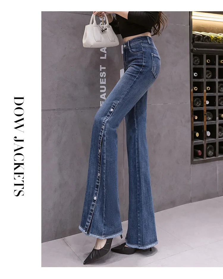 High Waist New Elastic Fabric Women Fashion Jeans Flare Pants Casual Slim Sexy Split Female Denim Jeans Ladies trousers denim jeans