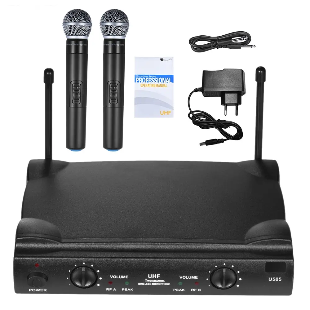

UHF Dual Channels Wireless Microphone Mic System with 1 Receiver 2 Handheld Microphones 6.35mm Audio Cable Power Adapter