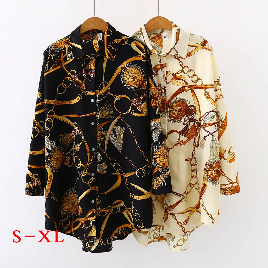 Blusa holgada de Chifón con manga larga para verano, camisa de chifón de oficina con estampado y botón de abajo para mujer