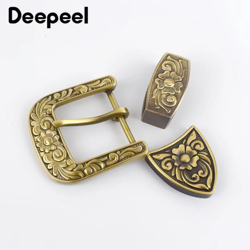 Deepeel 1set(3pcs) 35/40mm Solid Brass High Quality Carved Pin Belt Buckle Head Jeans Accessory DIY Leather Craft Hardware Decor