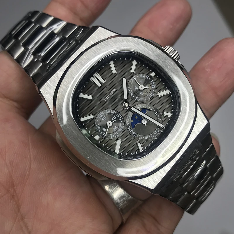 

Mens silver watch PP automatic self winding glide smooth Grey dial AAA quality all small sub dials works 315L stainless steel