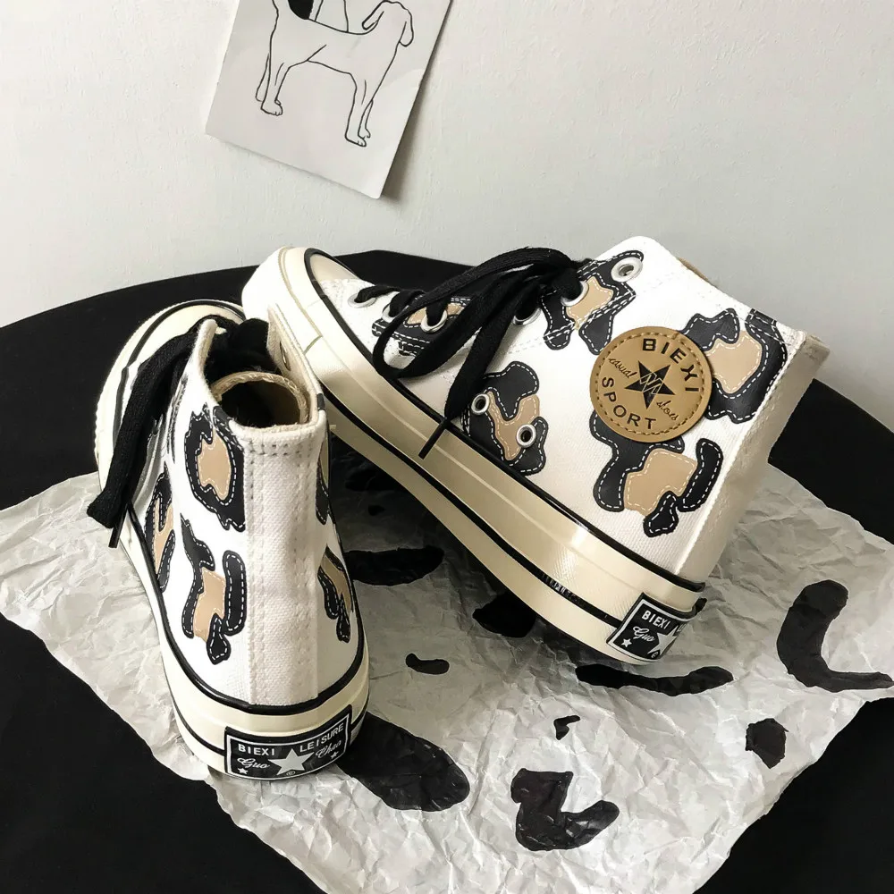 Canvas Shoes High-Top 35-40-Sneakers Printed Womens Cute Pearl Girl Milk-Tea Graffiti