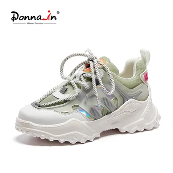 

Donna-in Leather Chunky Sneakers Women 2020 Fashion Platform Wedge Breathable Designer Women Summer Shoes Lace New Trendy Flat