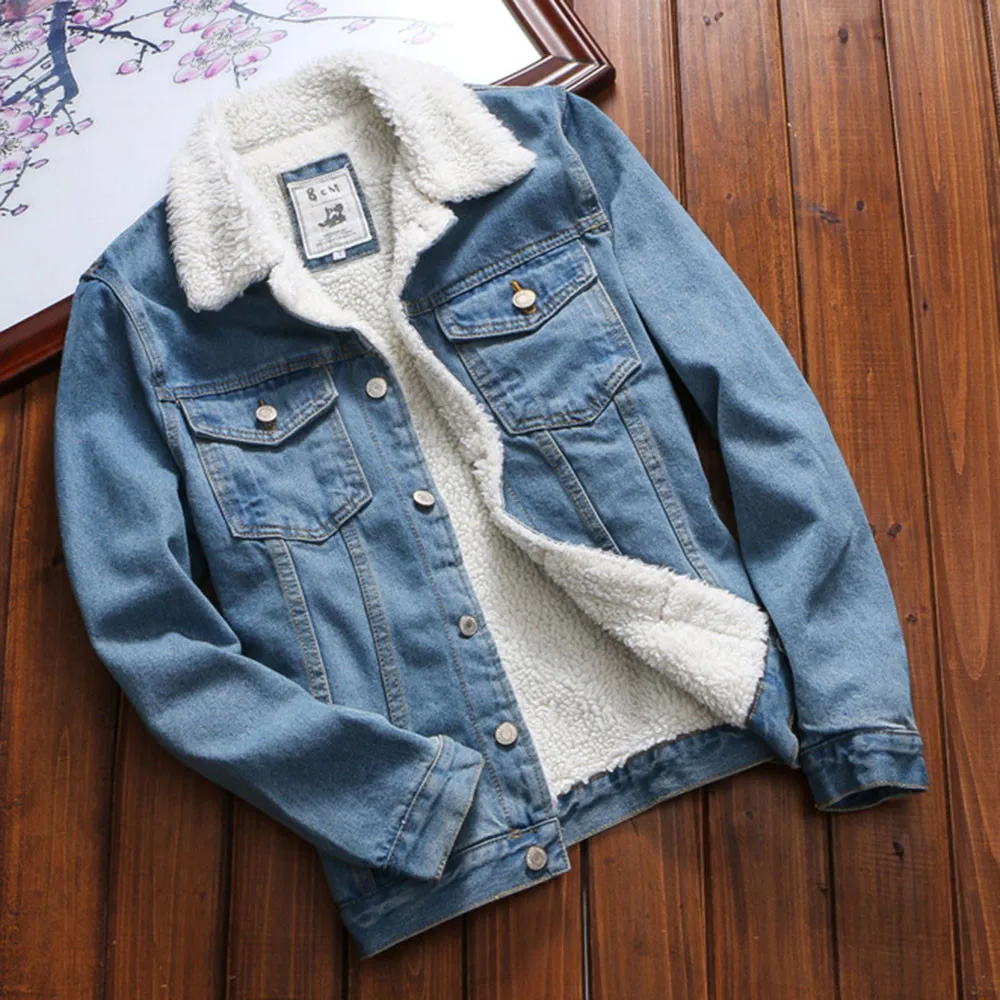 

Spring Autumn Winter New 2019 Women lambswool jean Coat Long Sleeves Warm Jeans Coat Outwear Wide Denim Jacket FC