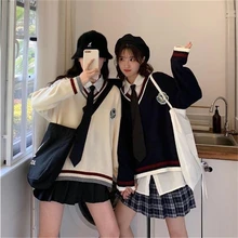 

New 2021 Japanese Preppy Pullover Jk Sweater Loose Casual Long Sleeves Student Long-sleeved Knit V-neck Pullover School Uniform