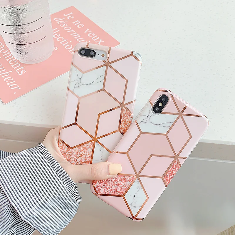 

Geometric Marble Texture Phone Cases For iPhone XR XS Max 6 6S 7 8 Plus X Soft IMD Electroplated Dot Back Cover Coque