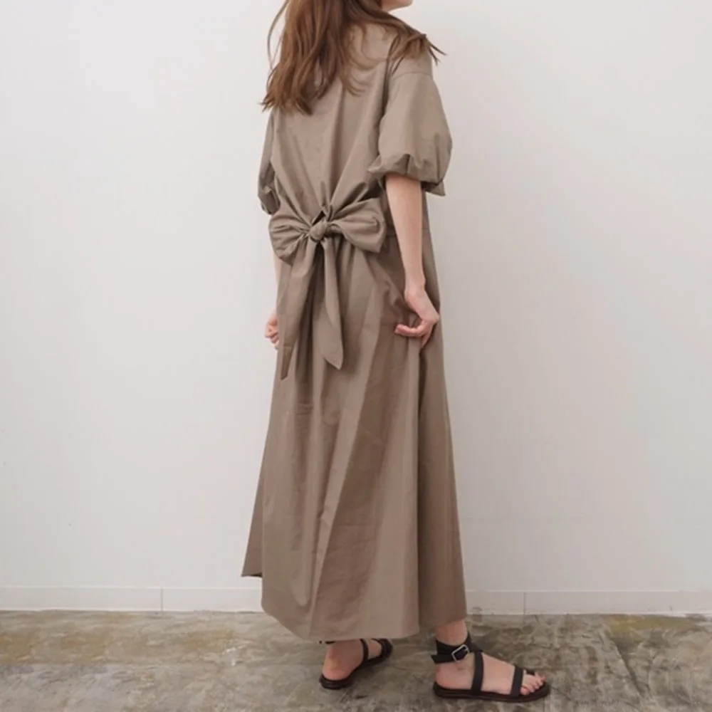 

Dress Women Long 2021 Solid Color Bow On The Back Loose A-line Short Sleeve Japanese Fashion Retro Personality Khaki Spring