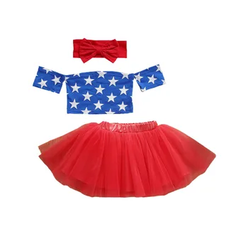 

Little Girls Summer Star Print Strapless Top Solid Color Mesh Skirt Bow Headwear Set Toddlers Breathable Top with Bubble Skirt