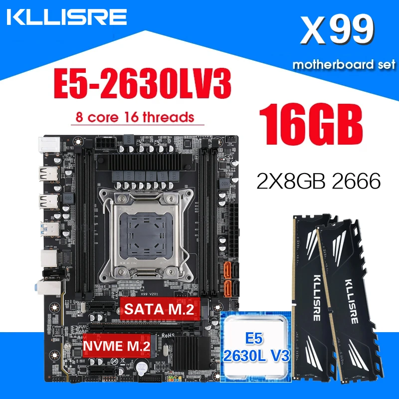 Kllisre X99 материнская плата с Xeon E5 2630L V3 LGA2011 3 CPU 2 шт. X 8 ГБ = 16 Гб 2666 МГц DDR4