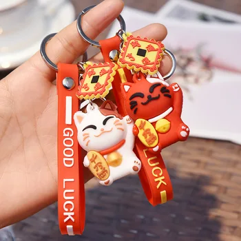 

Cute Lucky Cat KT Keychain Cartoon kitten Keychains for Women bag Charm pendant “GOOD LUCK”Hand Strap car Keyring Valentine gift