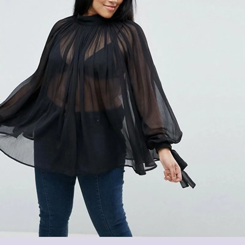 

2019 New Summer Women Lantern Sleeve Loose Mesh Black Shirt Fashion Long Sleeve Sexy Transparent Blouse