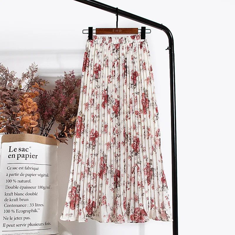 Saia para Mulher Cintura a Linha Longa com Forro Floral Chiffon Saia Feminina Impresso Longo Plissado Verão Elástico 11 saia para mulher verão elástico cintura a linha saia longa com forro