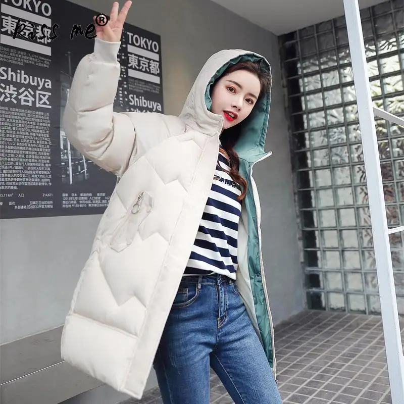 Loose Casual Winter Hooded Outdoor Down Coat Women Solid Cotton Clothing Thermal Warm Coat Windproof Mid-Long Jacket Female