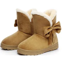 Mulheres botas de neve sapatos de inverno quente casual pele tornozelo feminino bowtie não deslizamento de pelúcia camurça apartamentos deslizamento na moda senhoras calçados novos