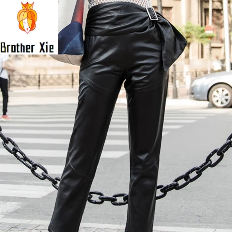 

Personality Sashes Genuine Leather Womens Sheepskin Trousers Fashion Straight High Waist Female Ankle Length Pants Plus Size