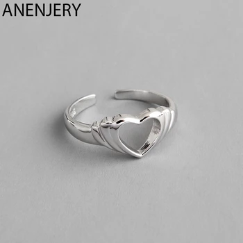 

ANENJERY Temperament Hollow Love Heart Smooth Opening Ring 925 Sterling Silver Sweet Finger Ring For Women Best Gift S-R582
