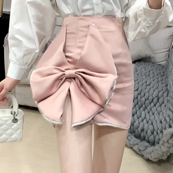 

New Fashion 2020 Skirts Womens Big Bow Diamonds Slit Skirt Zipper Pencil Solid Color Irregular Hem Pack Hip Mini Skirts