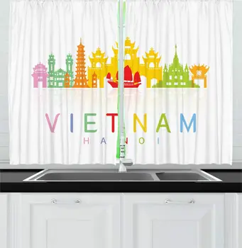 

Vietnam Kitchen Curtains Honoi Vibrant Calligraphy with Travel Landmarks Monuments Oriental Cityscape for Kitchen Cafe Decor