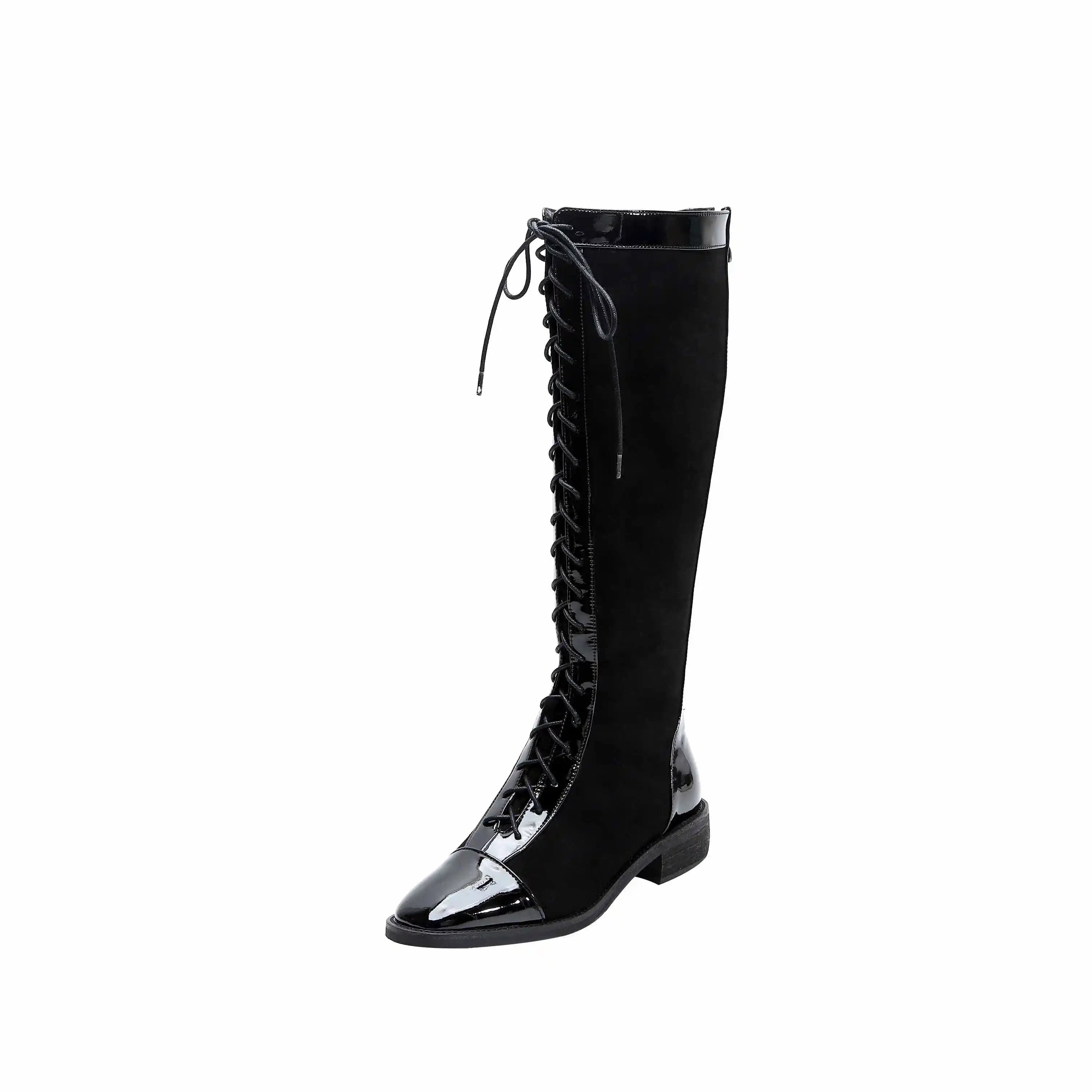 Krazing pot/Популярные винтажные рыцарские сапоги на шнуровке в британском стиле теплые женские сапоги до бедра из коровьей кожи на среднем каблуке с круглым носком в стиле пэчворк; L61