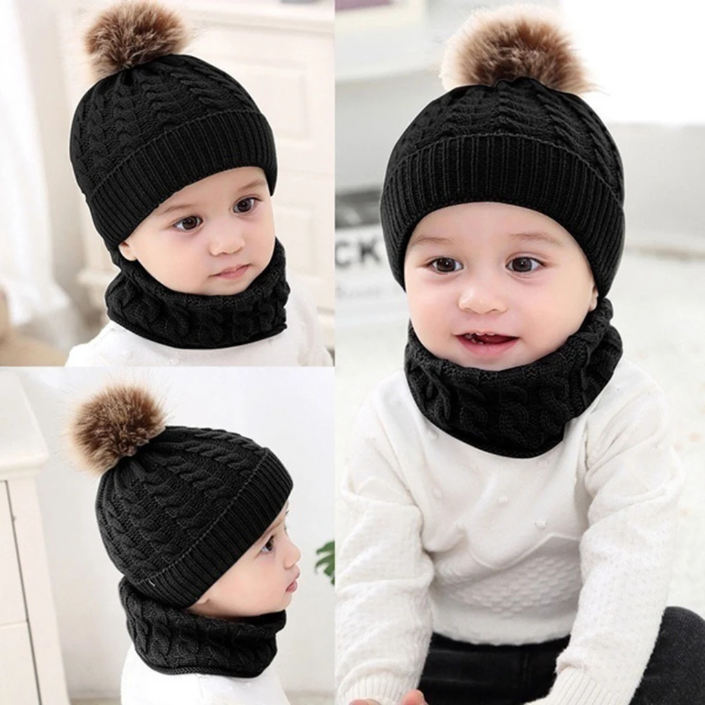 0-3 Ages Unisex Baby Knit Hat Scarf Warm Winter Pom Pom Boy Girl Beanie Cap Girls Boys Elastic Beanies Autumn Winter
