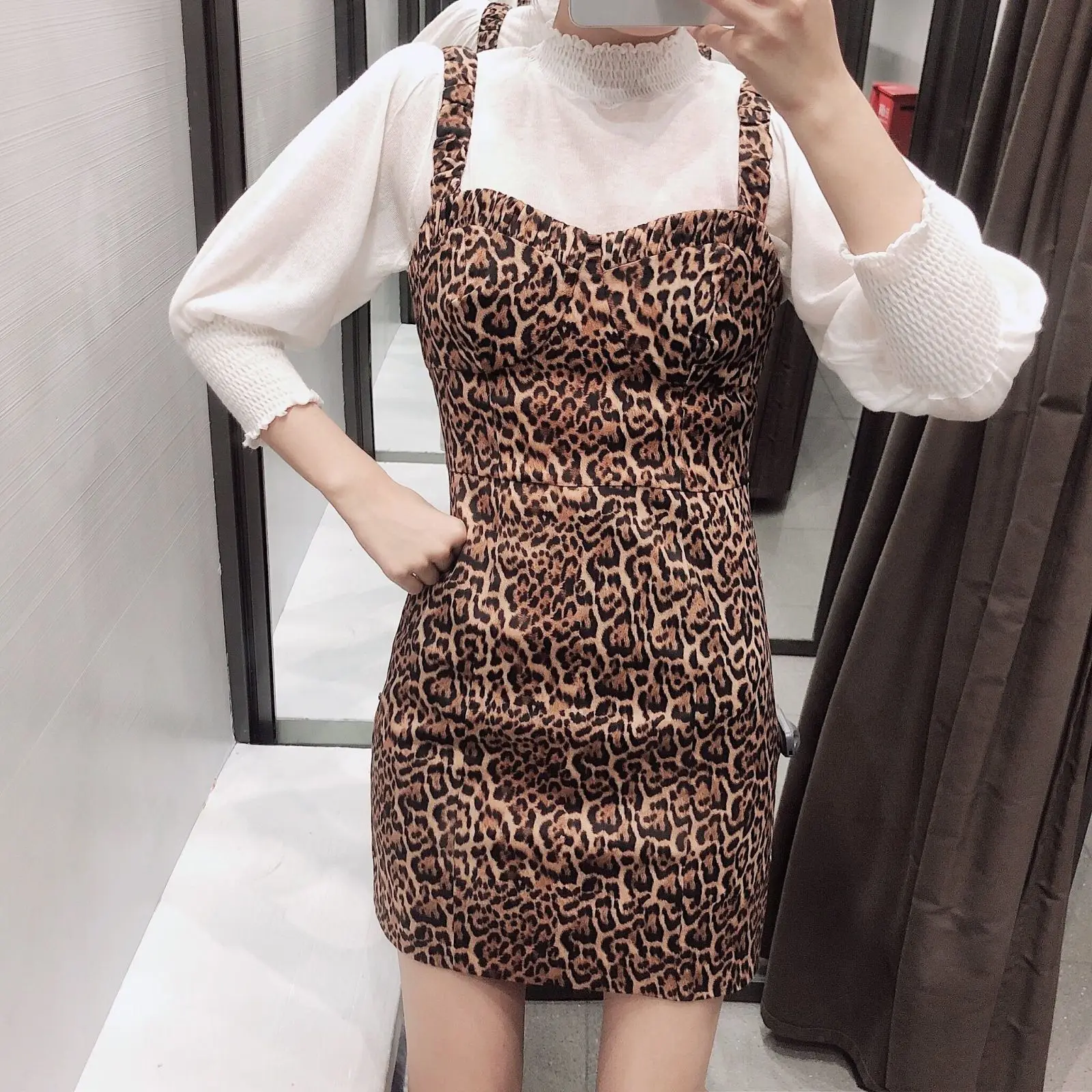

Western Style Autumn Women's Animal Print Leopord Pattern Floral Printed Dress Mix And Match Style Camisole Slim Fit Short Skirt