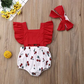 Pudcoco 2Pcs Newborn Kids Baby Girl Ruffle Romper Print Cherry Big Bow Headband 2PCS Outfits Summer Set 0-18M 2