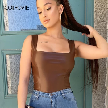

COLROVIE Chocolate Brown Square Neck Zipper Back PU Tank Top Women Autumn Ladies Solid Night-out Casual Slim Fitted Tops