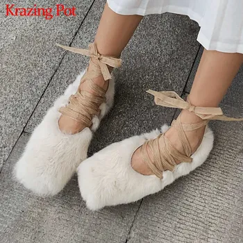 

Krazing Pot sweet cute Princess style fashion rabbit fur round toe med heels lace up leisure simple style winter women pumps L9w