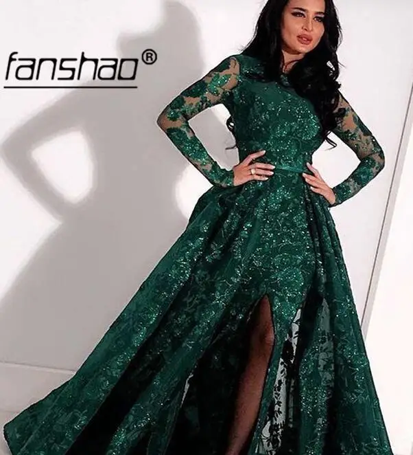 Темно-зеленые мусульманские Вечерние платья сверкающие кружева с длинными рукавами щелевая Дубай Саудовская арабское вечернее платье для выпускного вечера - Цвет: same as photo